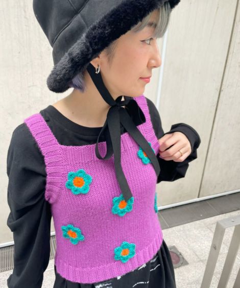 FLOWER CROCHET KNIT CAMISOLE | Candy Stripper(キャンディ