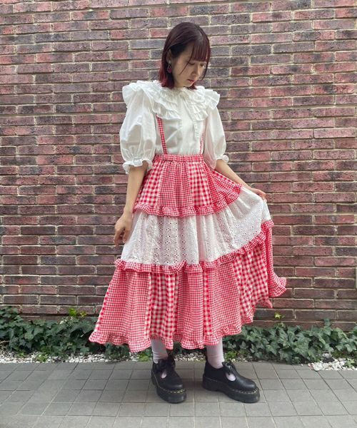 CHECK TIERED FRILL JUMPER SKIRT