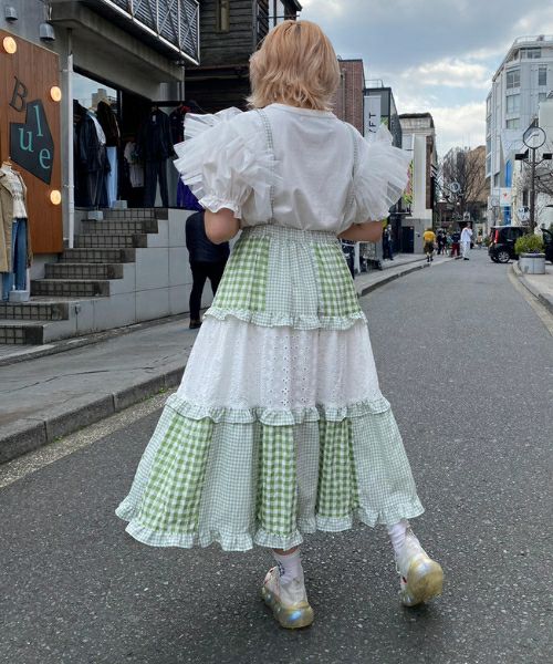 CHECK TIERED FRILL JUMPER SKIRT