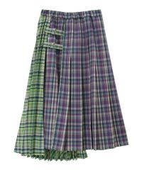 ASYMMETRIC WRAP CHECK PLEATS SKIRT