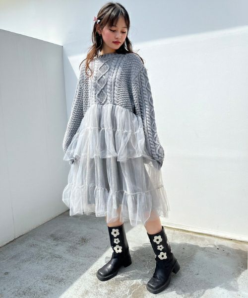 TULLE DOCKING CABLE KNIT ONE-PIECE | Candy Stripper（キャンディ 