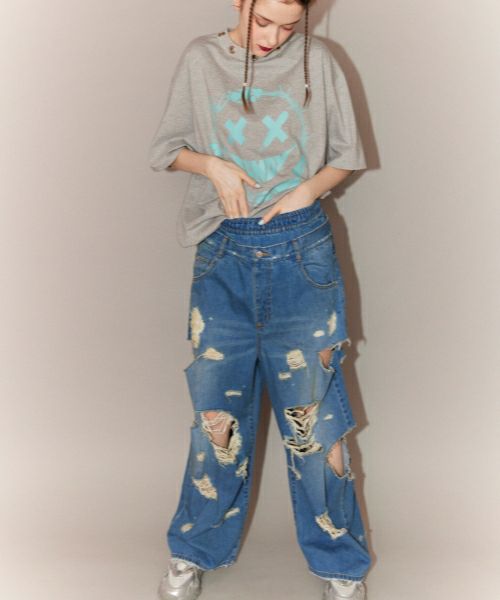 DAMAGE LAYERED DENIM PANTS