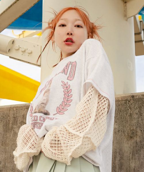 CUT SLEEVE MESH PATCHED TOPS | Candy Stripper（キャンディ