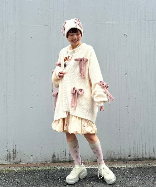 FLUFFY RIBBON KNIT CARDIGAN | Candy Stripper（キャンディ  
