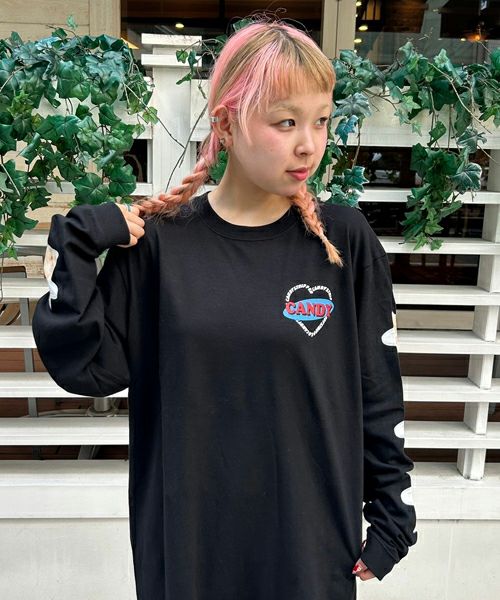 Candy Stripper 長袖トップス　ロングスリーブワッフル　ねこ柄　緑 Candy Stripper（キャンディストリッパー）の「MEOW WAFFLE
