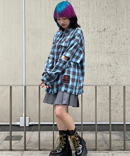 Candy Stripper - キャンディーストリッパー　ハンバーガー　ワッペン長袖チェックシャツ BELTED CHECK SHIRT | Candy Stripper（キャンディ ストリッパー