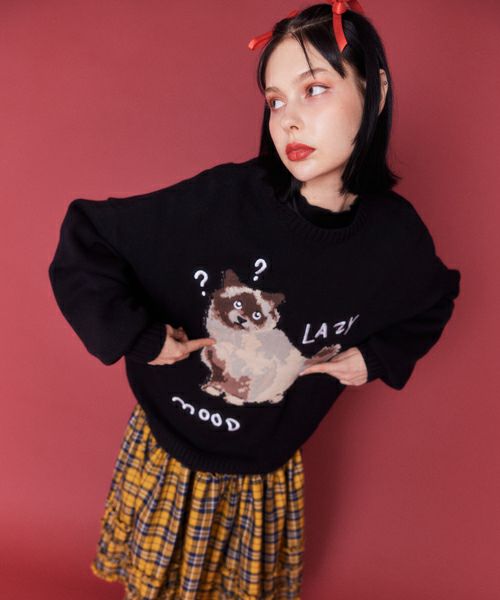 キャット刺繍ケーブル編みニットトップス[gn305] | レディース