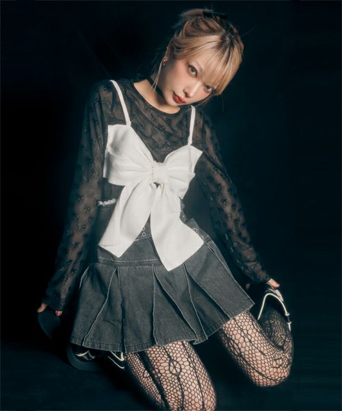 トップス Candice ribbon bare tops black カップ付 】ジップアップクロスストラップリボンベアトップス