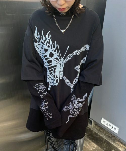 Candy Stripper STICKERS LAYERED トップス FIRE BUTTERFLY LAYERED TOPS | Candy Stripper（キャンディ