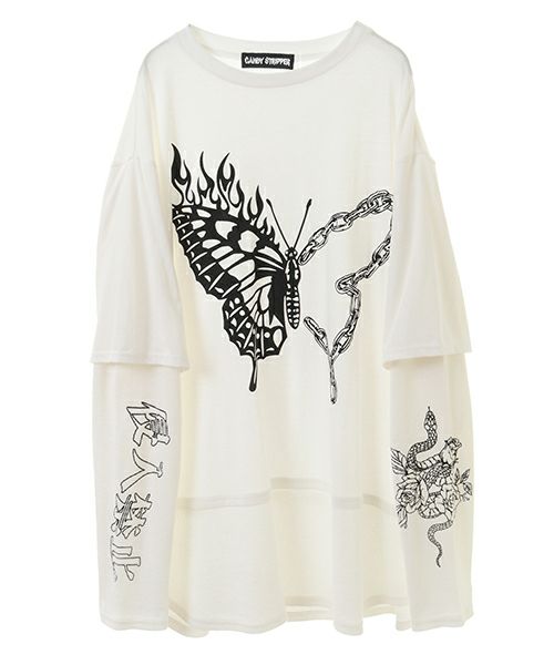 Candy Stripper STICKERS LAYERED トップス CUT SLEEVE MESH PATCHED TOPS | Candy Stripper（キャンディ