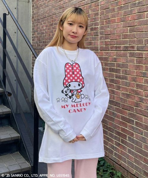 My Melody 長袖Tシャツ マイメロ　Candy stopper キャンディストリッパー、“ギンガムチェックのずきん”かぶった
