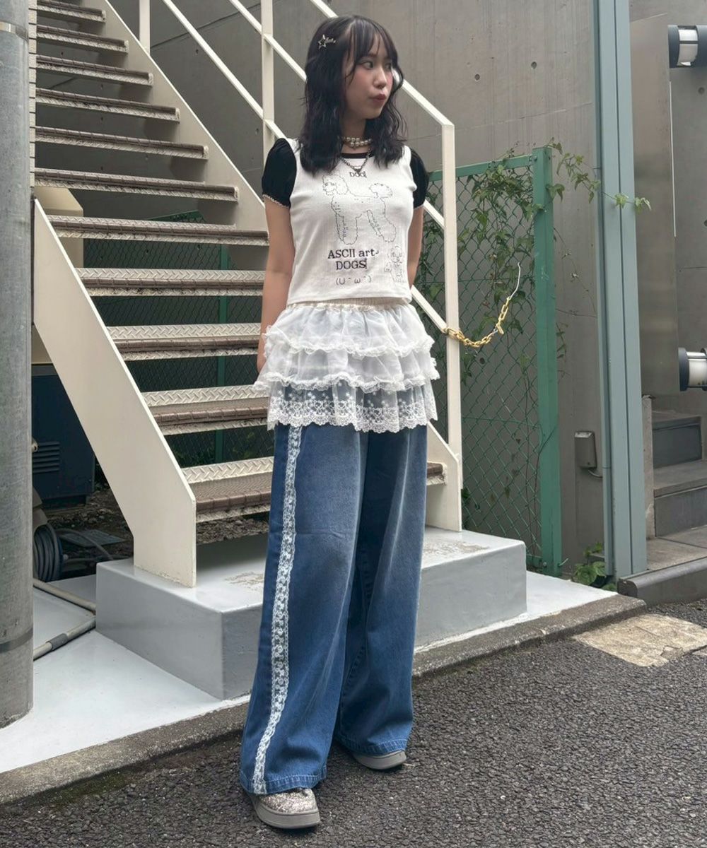 SHEER SKIRT LAYERED DENIM PANTS | Candy Stripper（キャンディ