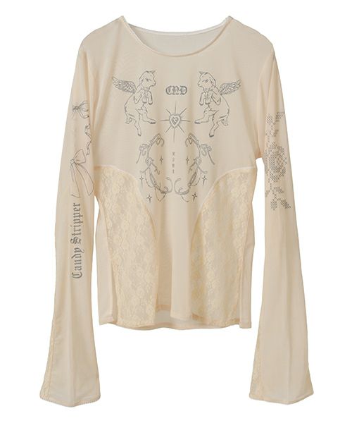 トップス YUINA ICHIKAWA tatto sheer skin top See-Through Textured Off-Shoulder Top IS402 - Korean Women's