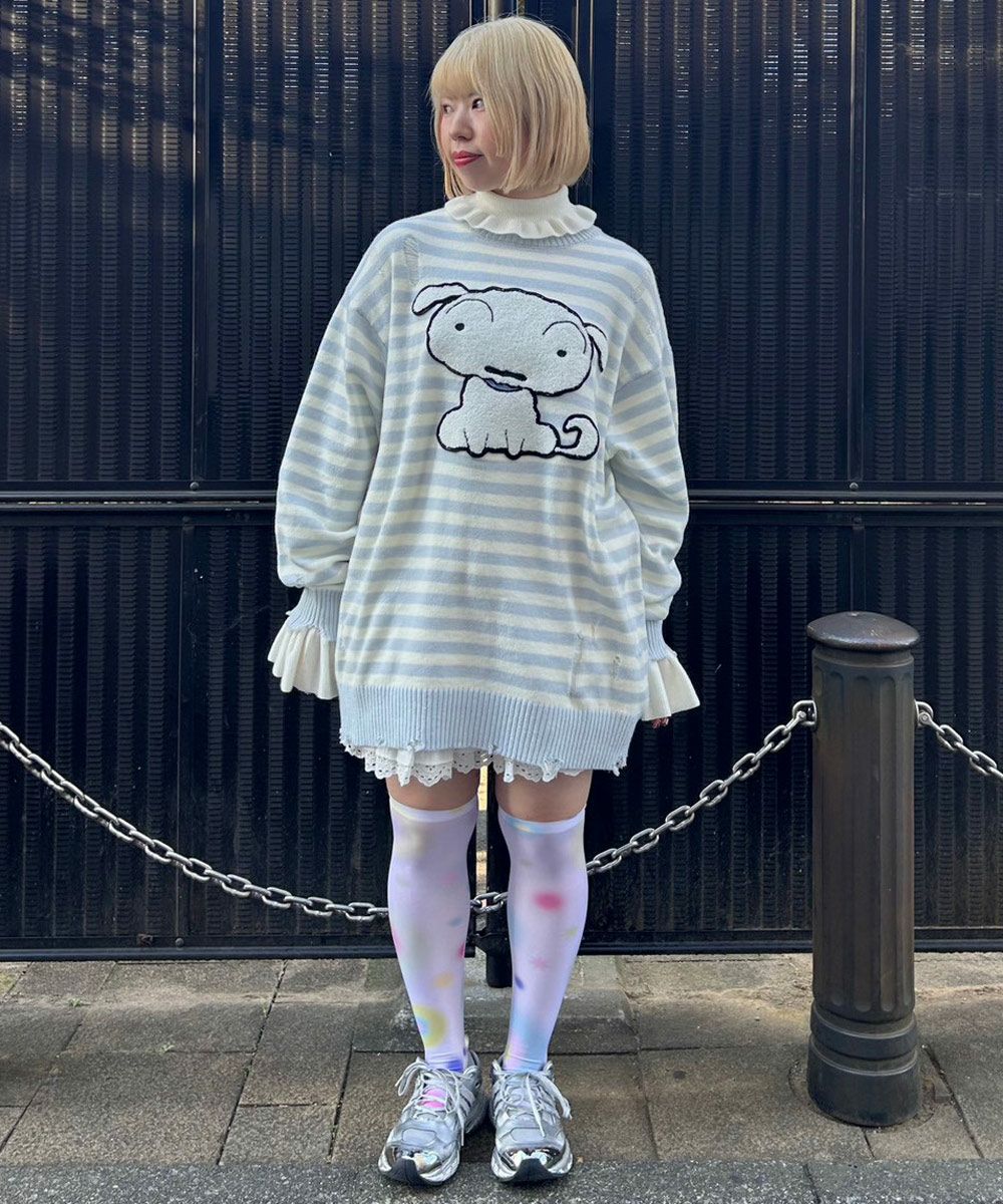 クレヨンしんちゃん】シロ ダメージ ボーダー KNIT | Candy Stripper